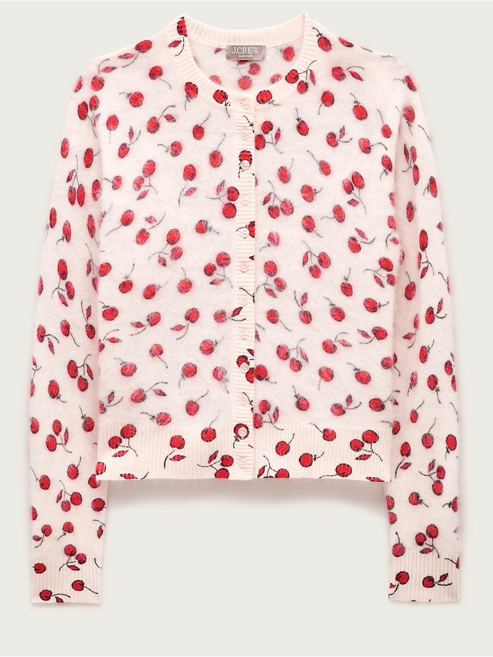 J. Crew Brushed Cashmere Cardigan Cherry Print Fuzzy - Picture 15 of 15